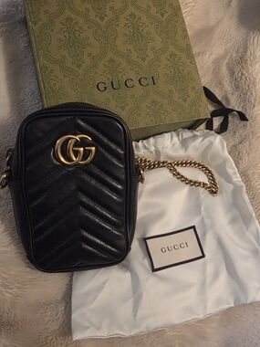 Gucci Black GG Marmont Quilted Leather Mini Bag with Gold Chain